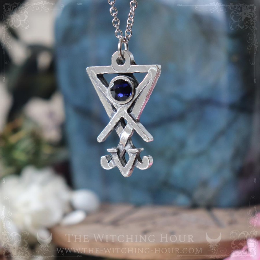 Pendentif sigil de Lucifer avec pierre bleue