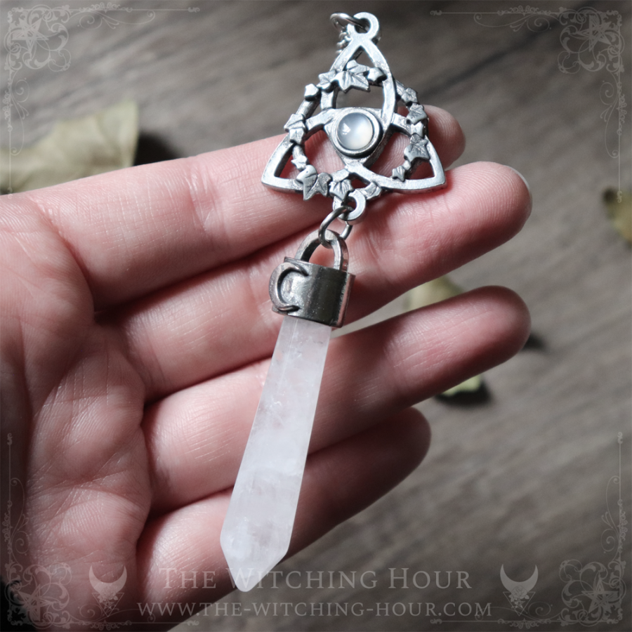 Triquetra pendulum necklace with white moonstone and quartz