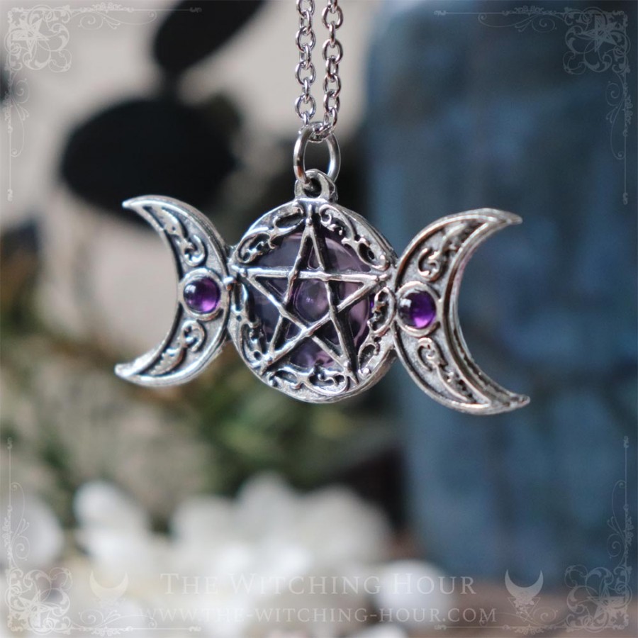 Pentagram and triple moon pendant with amethyst