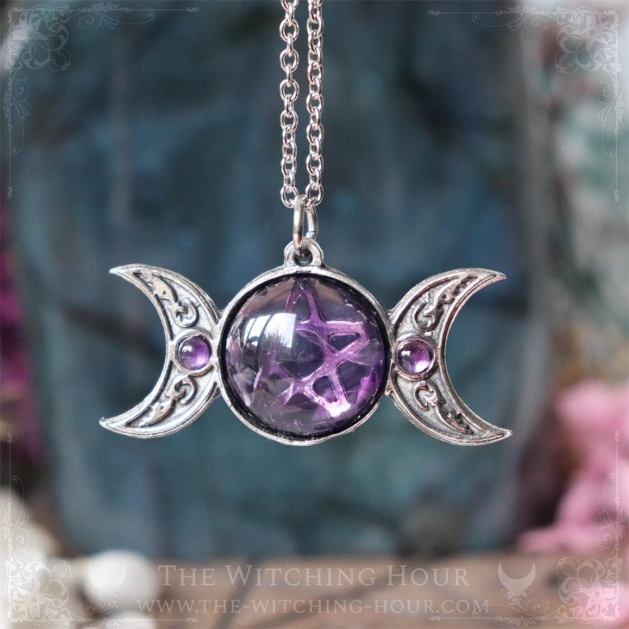 Pentagram and triple moon pendant with amethyst