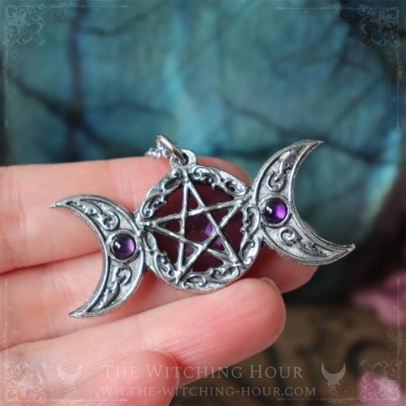 Pentagram and triple moon pendant with amethyst