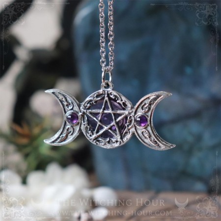 Pentagram and triple moon pendant with amethyst