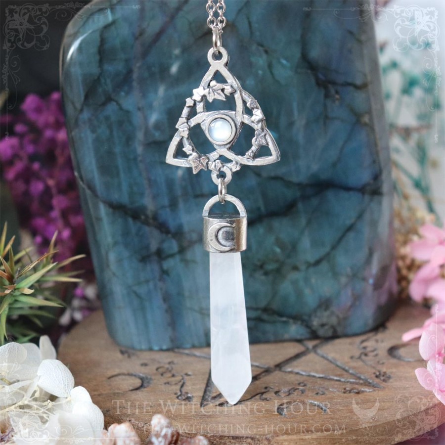 Collier pendule triquetra en pierre de lune blanche et quartz, bijou celtique artisanal