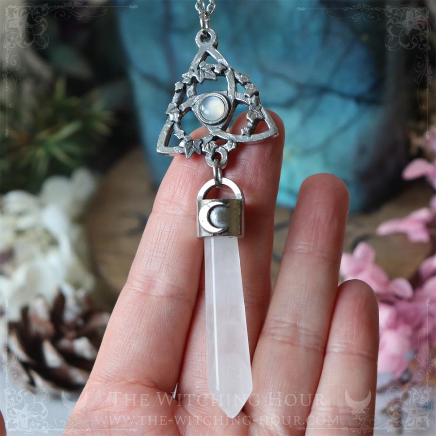 Triquetra pendulum necklace with white moonstone and quartz, handmade celtic jewelry