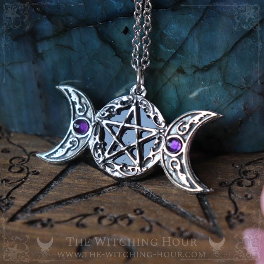 Pentagram and triple moon pendant with amethyst