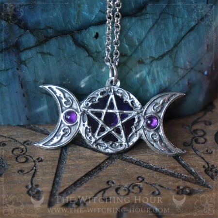 Pentagram and triple moon pendant with amethyst