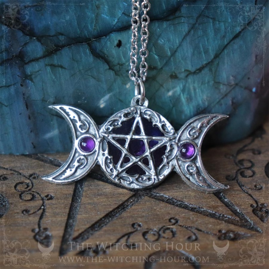 Pentagram and triple moon pendant with amethyst