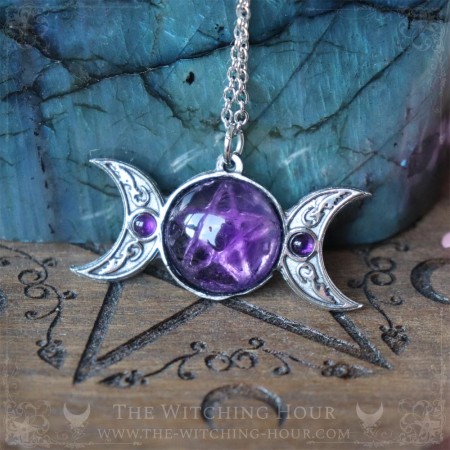 Pentagram and triple moon pendant with amethyst