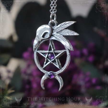 Pentagram and raven skull pendant with amethyst, wiccan symbol of protection