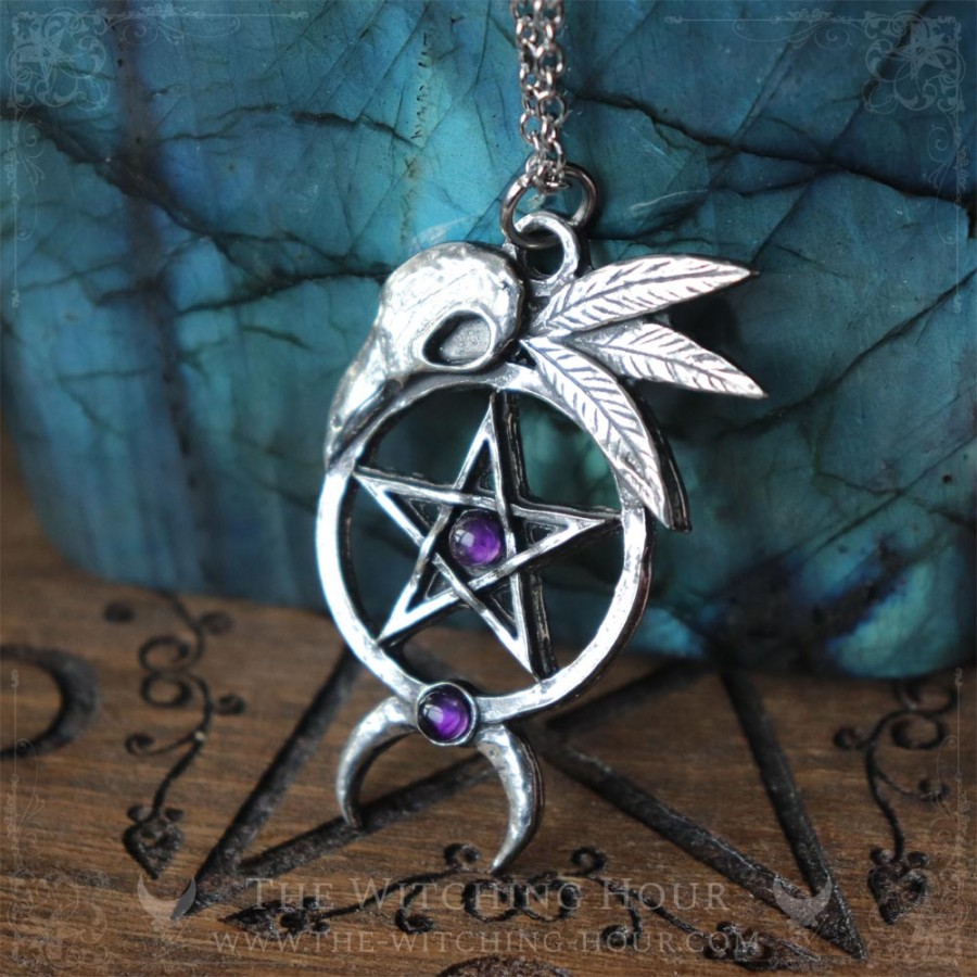 Pentagram and raven skull pendant with amethyst, wiccan symbol of protection