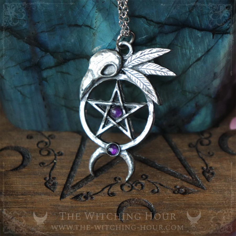 Pentagram and raven skull pendant with amethyst, wiccan symbol of protection