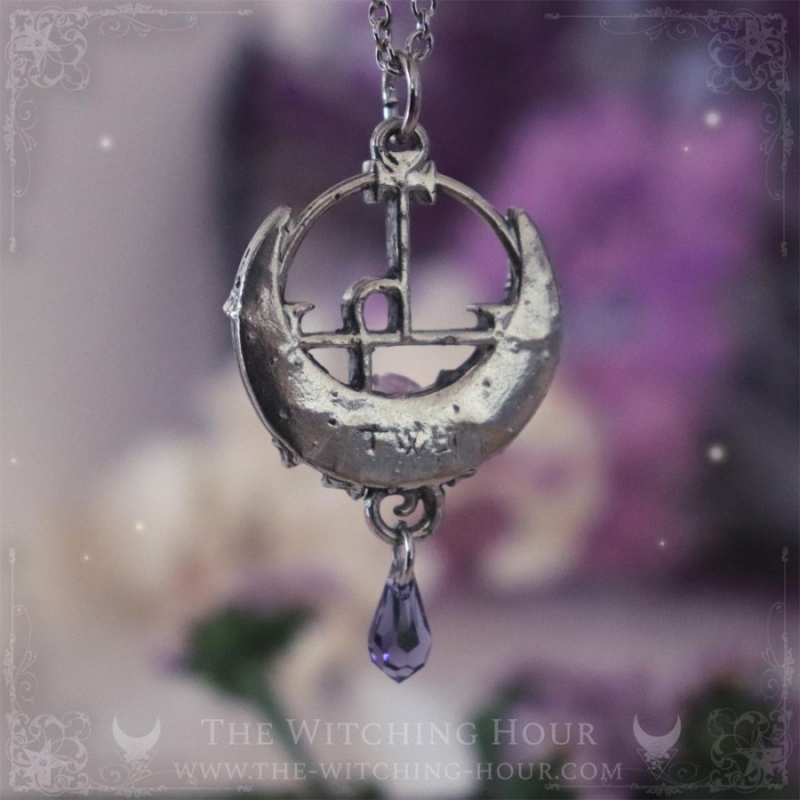 Sigil of Lilith necklace with a rose, a crescent moon and crystals, occult jewelry, witchy pendant