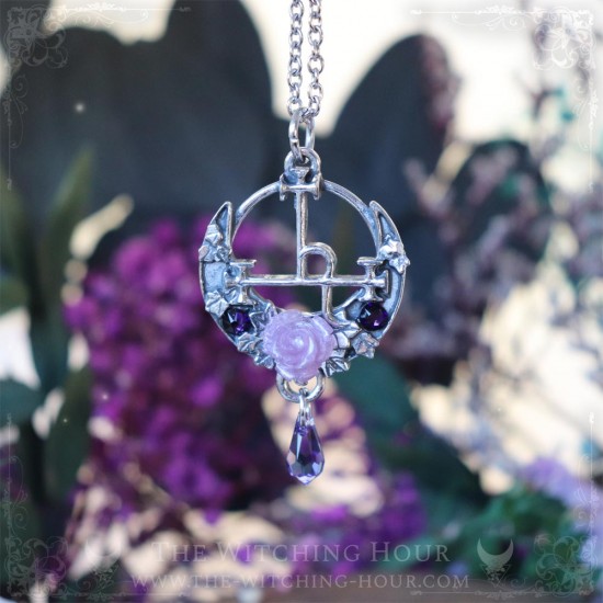 Sigil of Lilith necklace with a rose, a crescent moon and crystals, occult jewelry, witchy pendant