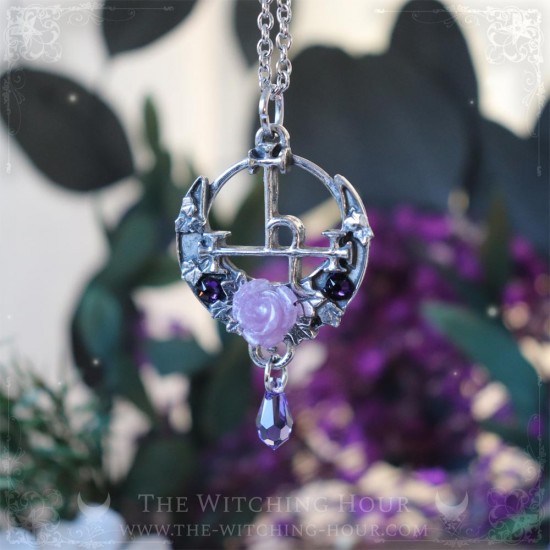 Sigil of Lilith necklace with a rose, a crescent moon and crystals, occult jewelry, witchy pendant