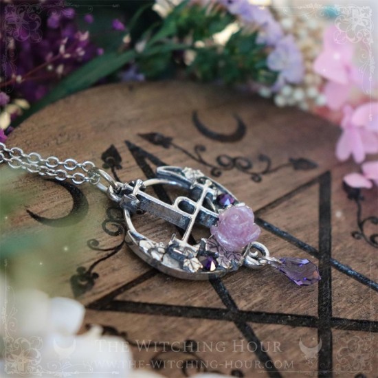 Sigil of Lilith necklace with a rose, a crescent moon and crystals, occult jewelry, witchy pendant