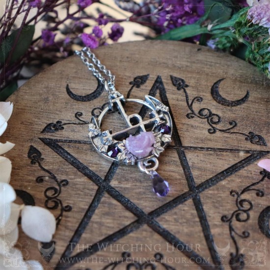 Sigil of Lilith necklace with a rose, a crescent moon and crystals, occult jewelry, witchy pendant