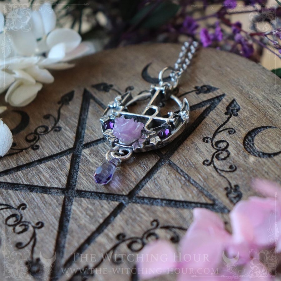 Sigil of Lilith necklace with a rose, a crescent moon and crystals, occult jewelry, witchy pendant