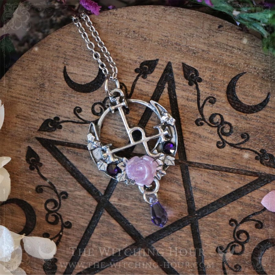 Sigil of Lilith necklace with a rose, a crescent moon and crystals, occult jewelry, witchy pendant