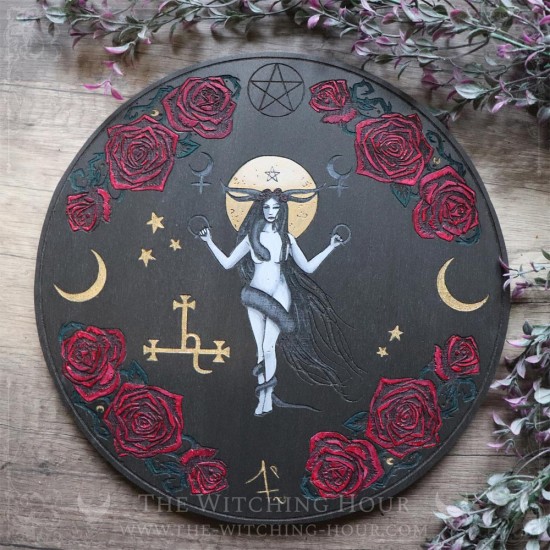 Lilith altar ornament, with red roses and Lilith's sigil