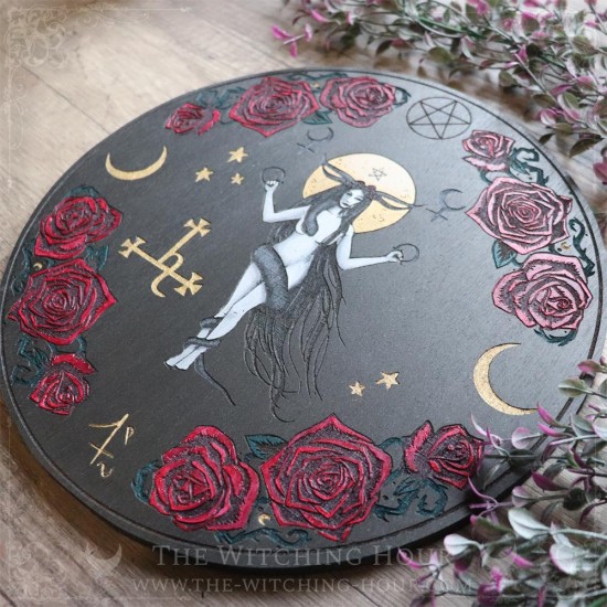 Lilith altar ornament, with red roses and Lilith's sigil