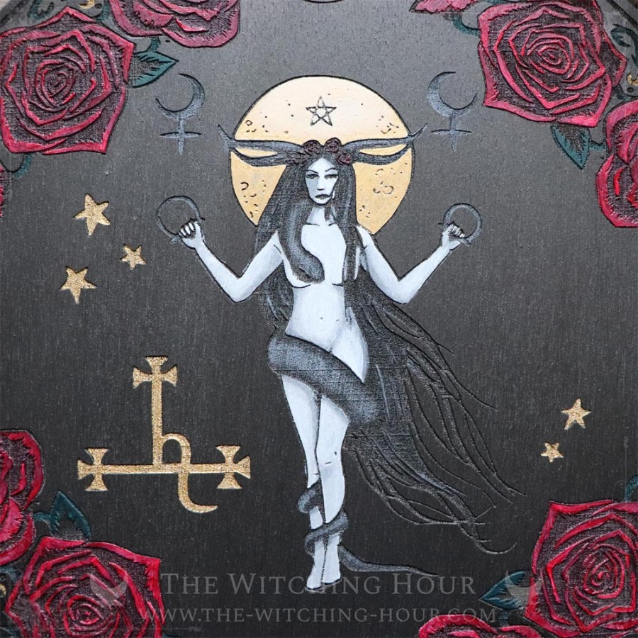 Lilith altar ornament, with red roses and Lilith's sigil