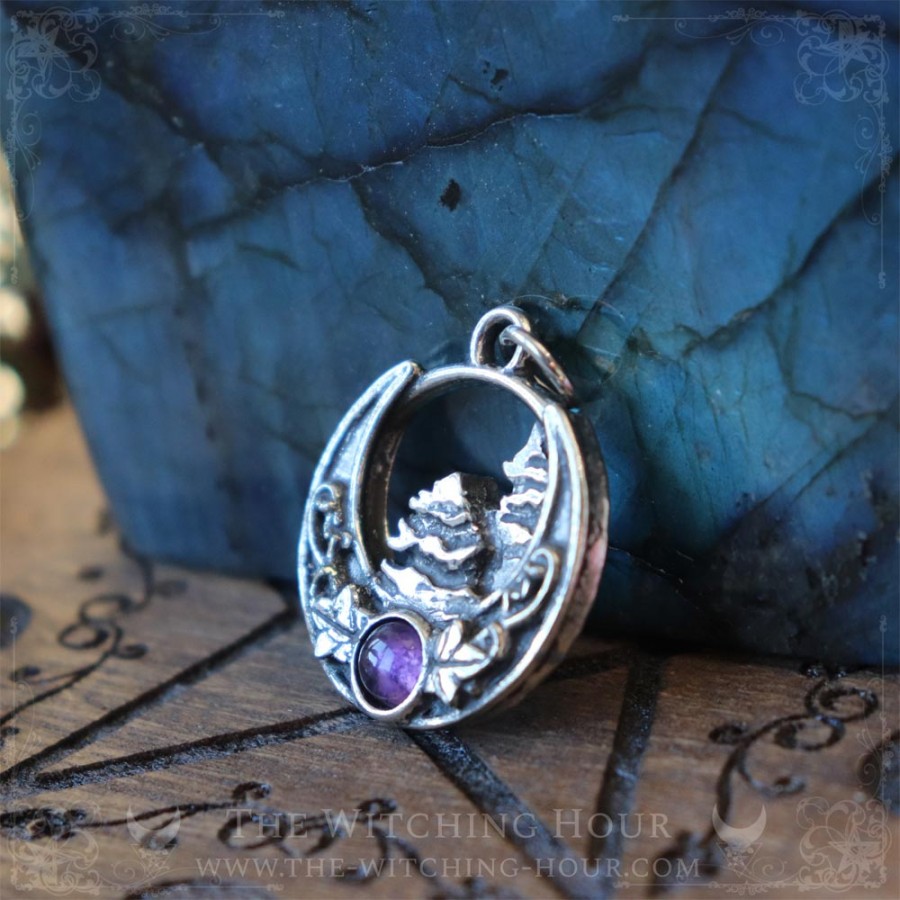 Forest of fir trees on a moon crescent pendant with white amethyst, nature inspired necklace