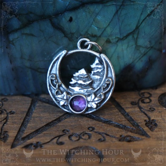 Forest of fir trees on a moon crescent pendant with white amethyst, nature inspired necklace