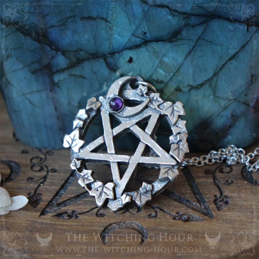 Inverted pentagram pendant surrounded by Ivy leaves and a moon crescent, gothic necklace, occult jewelry