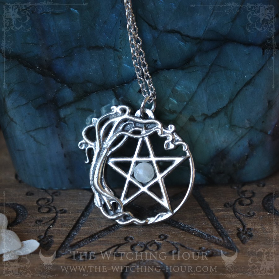 Pentagram and tree of life pendant with natural rainbow moonstone, pagan jewelry witchy