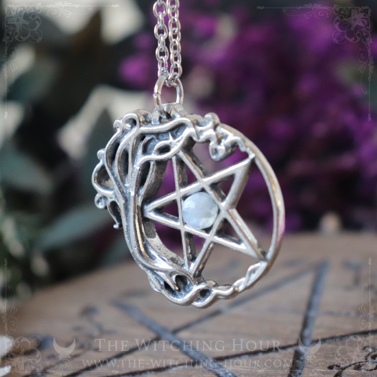 Pentagram and tree of life pendant with natural rainbow moonstone, pagan jewelry witchy