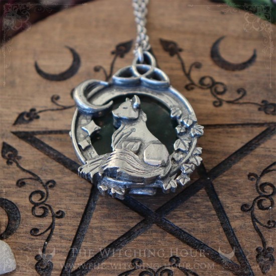 Fox pendant surrounded by a celtic triquetra, a moon crescent and leaves, pagan jewelry