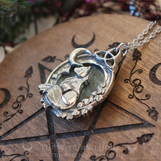 Fox pendant surrounded by a celtic triquetra, a moon crescent and leaves, pagan jewelry