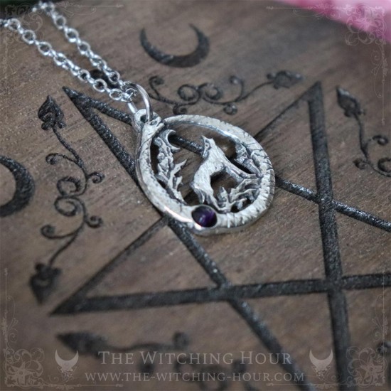 Wolf pendant surrounded by an ouroboros and a stone, pagan jewelry