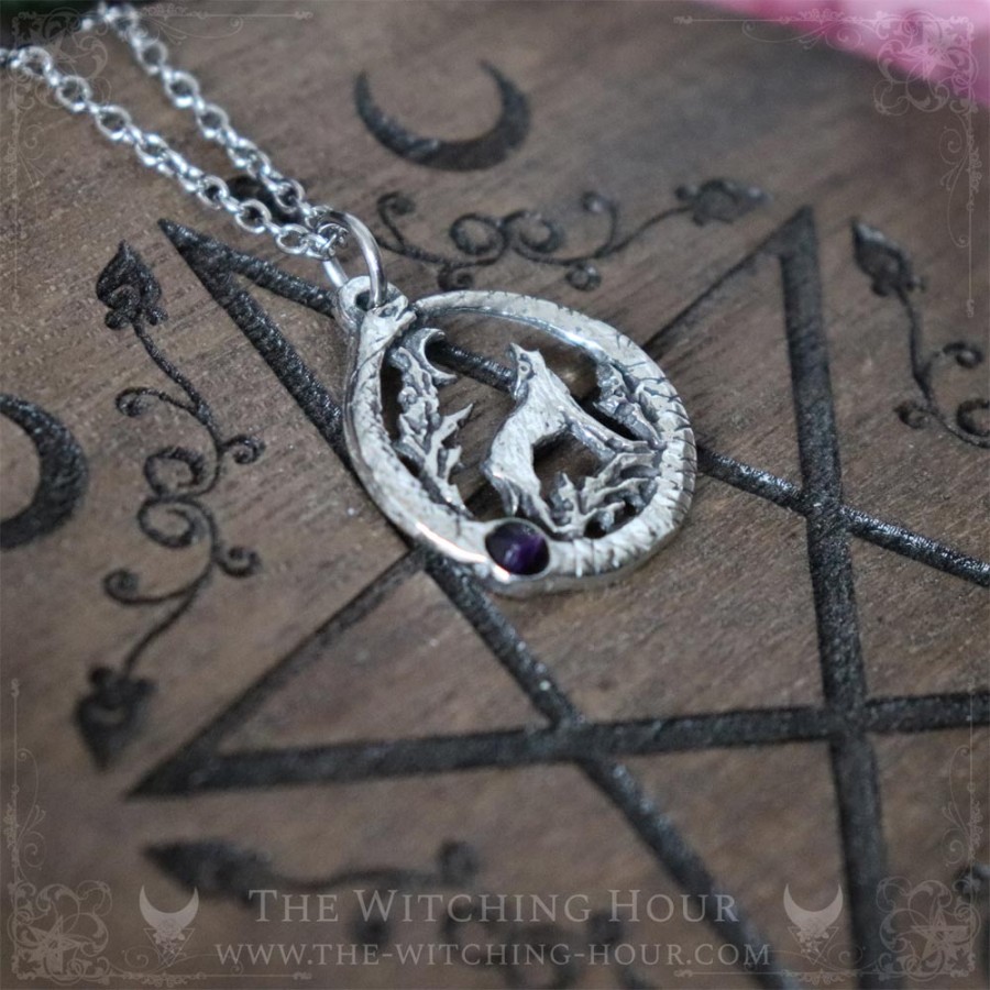 Pendentif loup entouré d'un ouroboros et d'une pierre, bijou païen