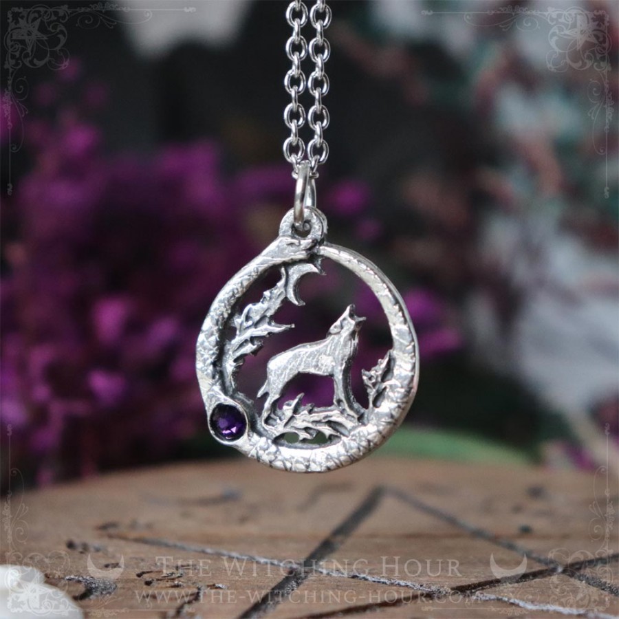 Wolf pendant surrounded by an ouroboros and a stone, pagan jewelry