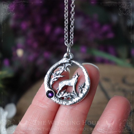 Wolf pendant surrounded by an ouroboros and a stone, pagan jewelry