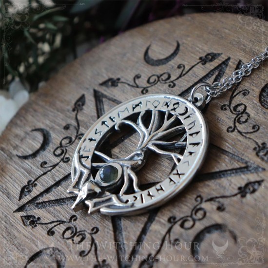 Yggdrasil tree of life pendant with runes from old futhark and a raven skull, viking jewelry