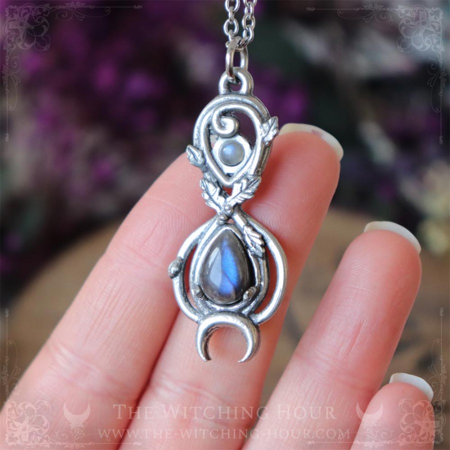 Pendentif symbole de l'infini elfique orné de feuilles de chêne et d'une labradorite