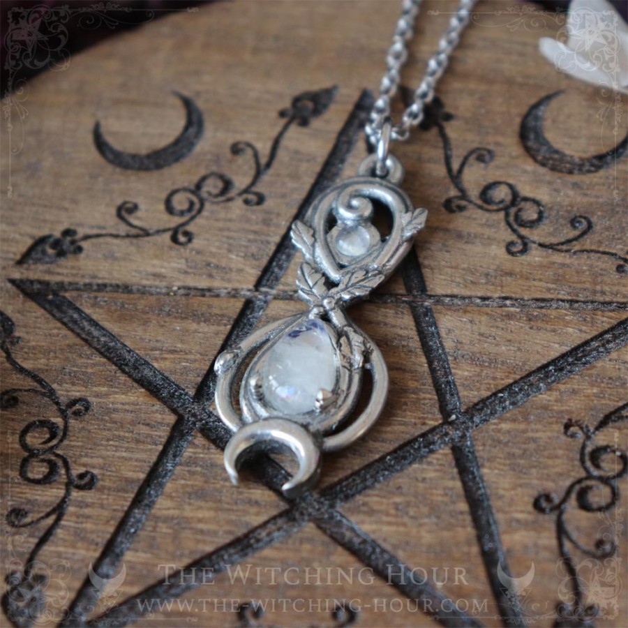 Elven infinity symbol pendant adorned with oak leaves and a rainbow moonstone