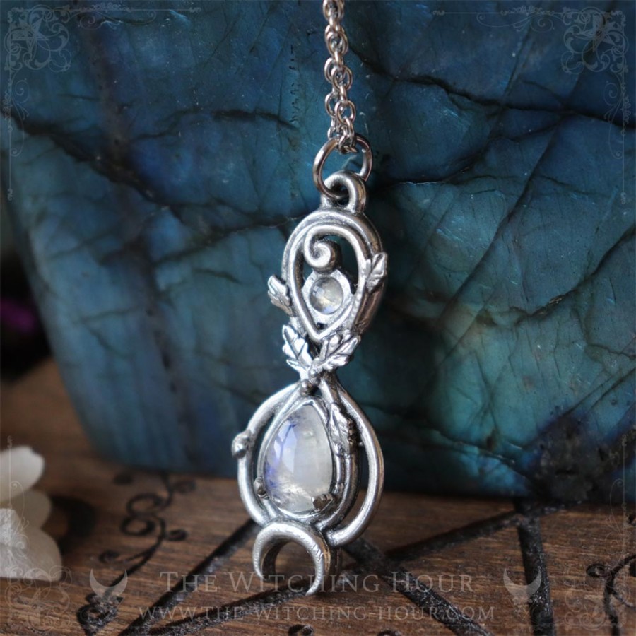 Elven infinity symbol pendant adorned with oak leaves and a rainbow moonstone