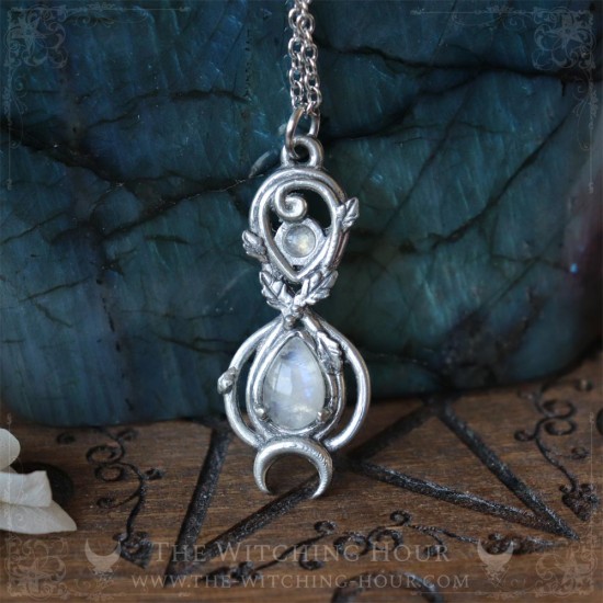 Elven infinity symbol pendant adorned with oak leaves and a rainbow moonstone