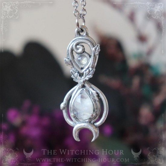 Elven infinity symbol pendant adorned with oak leaves and a rainbow moonstone