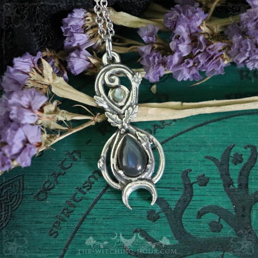 Pendentif symbole de l'infini elfique orné de feuilles de chêne et d'une labradorite