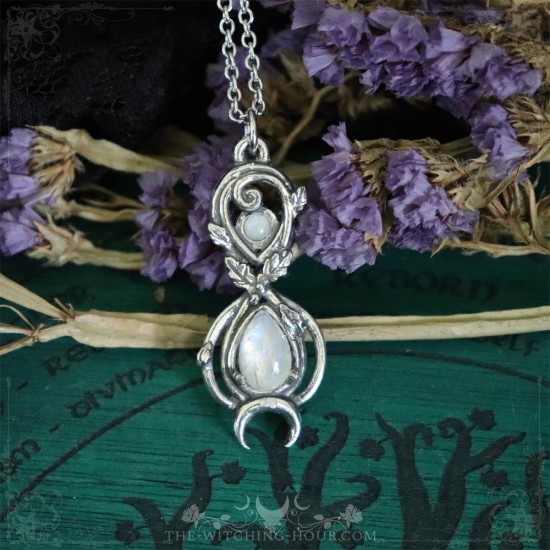 Elven infinity symbol pendant adorned with oak leaves and a rainbow moonstone