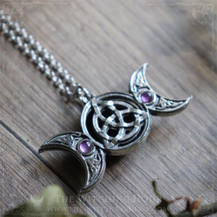 Triple moon and triquetra pendant with onyx and amethyst