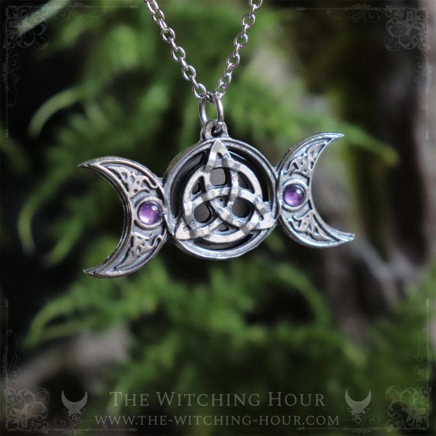 Triple moon and triquetra pendant with onyx and amethyst