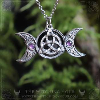 Triple moon and triquetra pendant with onyx and amethyst