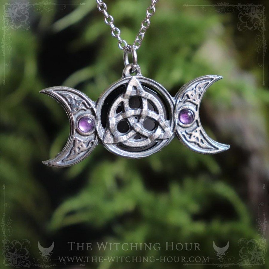 Pendentif triple lune et triquetra en onyx et améthyste