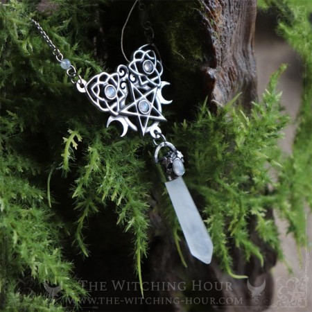 Elven pentagram necklace with rainbow moonstone and quartz