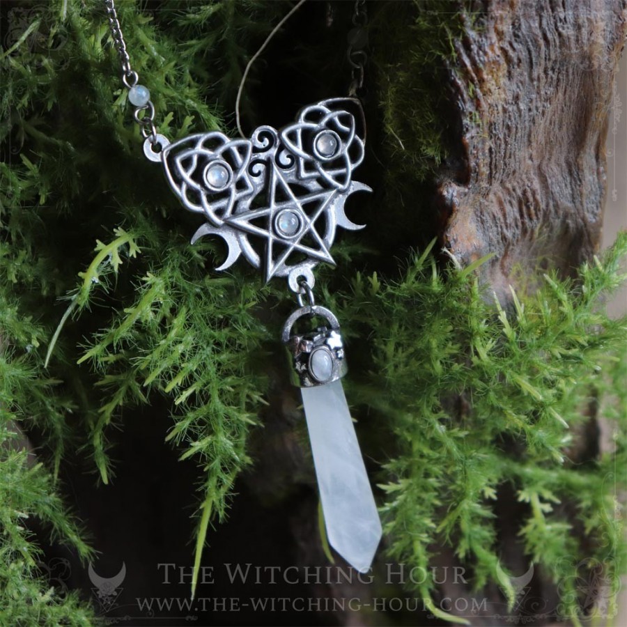 Elven pentagram necklace with rainbow moonstone and quartz